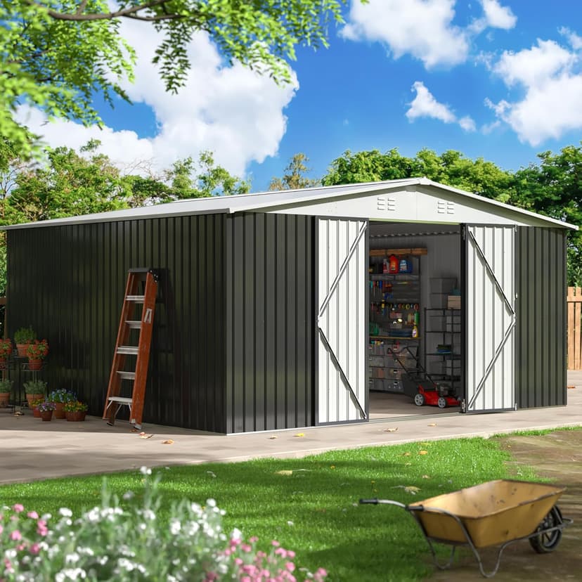 12x14 FT Outdoor Storage Shed, Metal Shed with Updated Frame Structure and Lockable Doors, Large Shed Upgrade Height Ideal for Garden, Backyard, Patio Utility and Tool Storage, White