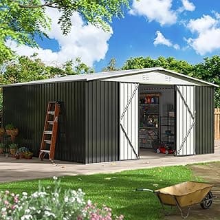12x14 FT Outdoor Storage Shed, Metal Shed with Updated Frame Structure and Lockable Doors, Large Shed Upgrade Height Ideal for Garden, Backyard, Patio Utility and Tool Storage, White