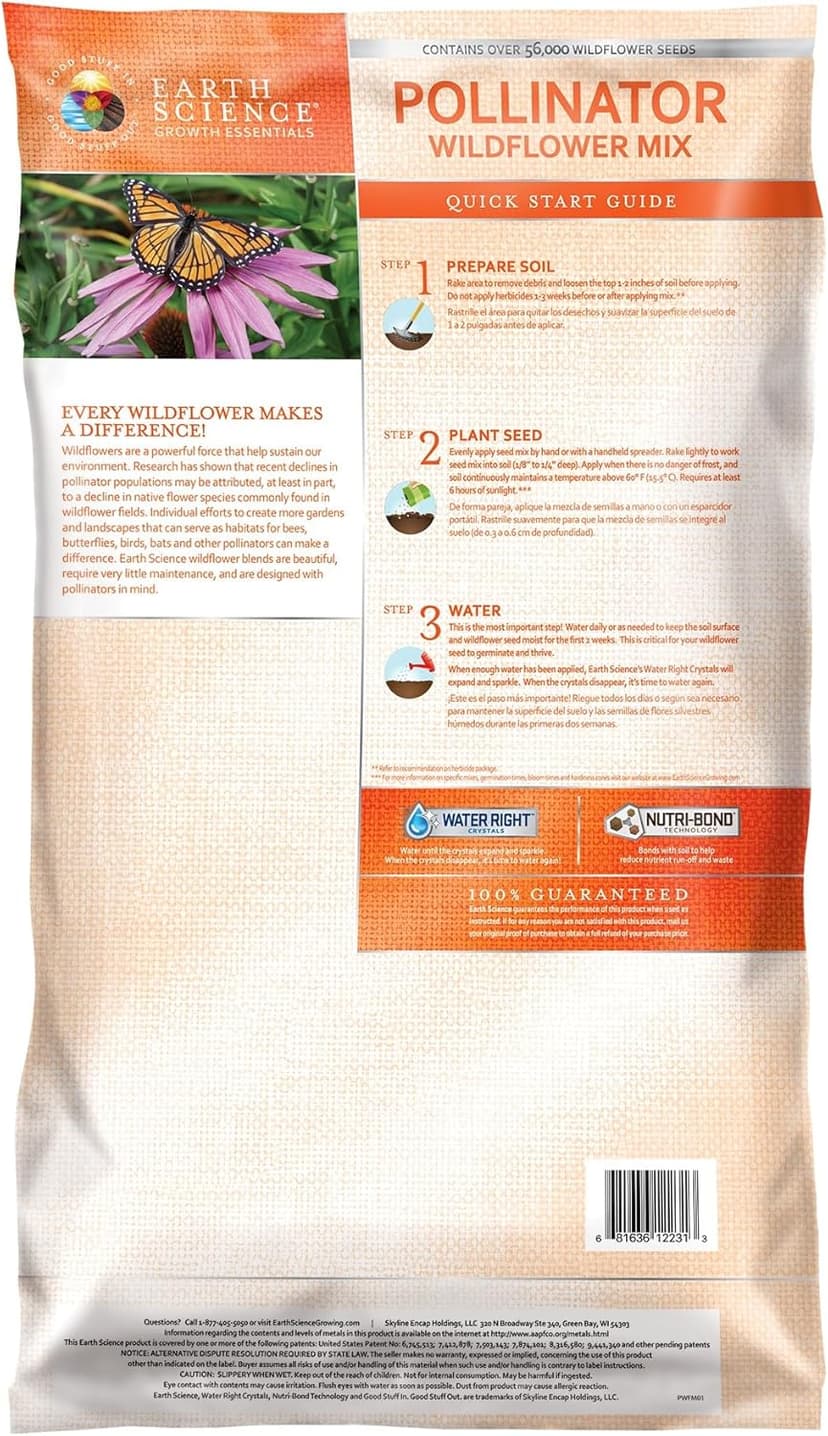 Wildflower Pollinator Mix from Earth Science, 3-in-1 Mix with Premium Wildflower Seed, Plant Food and Soil Conditioners, Non-GMO, for Bees, Hummingbirds, Butterflies, Pollinators 6 lb