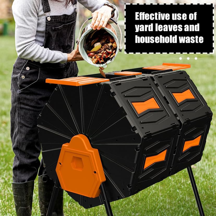 Compost Tumbler, Easy Assemble & Efficient Outdoor Compost Bin, 45 Gallon/170 Liter Large Dual Chamber Rotating Composter for Garden, Kitchen, and Yard Waste, Orange Door