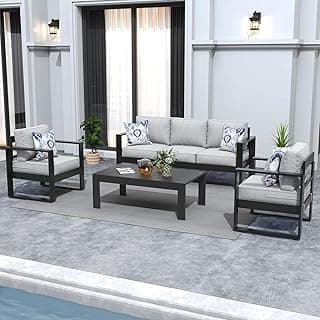 4 Piece Modern Aluminum Patio Furniture Set, Outdoor Patio Sectional Conversation Metal Seating Sets with Olefin Cushion and Coffee Table
