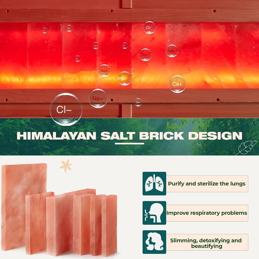 Infrared Sauna,2 Person Luxurious Indoor Sauna with Recliner, Wooden Sauna with 7-Color Starry Ceiling,9 Heating Tubes,5 Carbon Panels,2-in-1 Door Handle,Himalayan Salt Brick,220V
