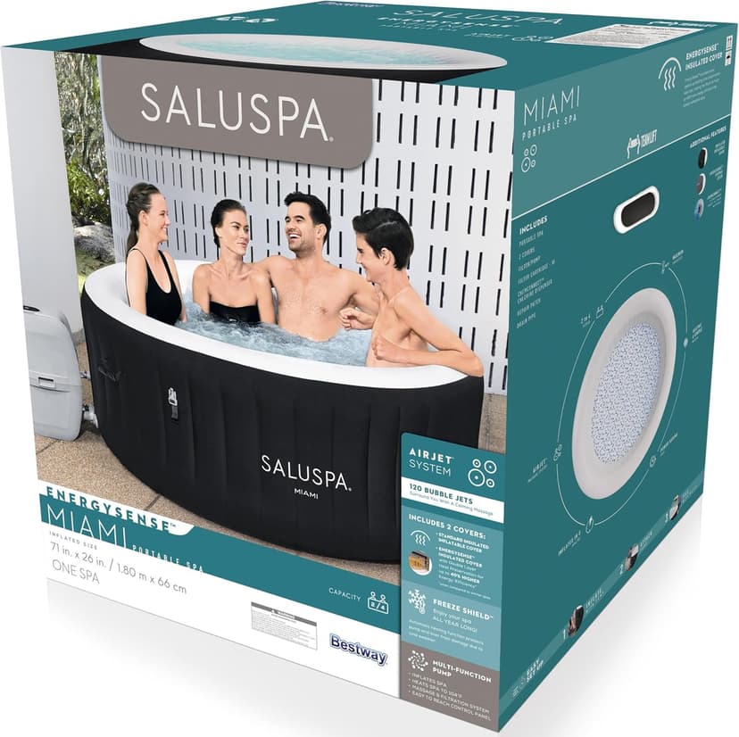 Bestway SaluSpa Miami EnergySense AirJet Inflatable Hot Tub Spa (71" x 26") | Portable Hot Tub with 2 Covers (1 Energy-Efficient Thermal Cover and 1 Standard Cover) | Fits Up to 2-4 Persons | Black