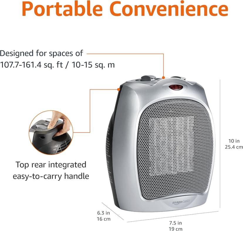 Amazon Basics Ceramic Space Heater, Portable Heater for Indoor Use, for Office and Home, With Overheat and Tip-Over Protection, Thermostat, Non-Oscillating, 1500W, Silver, 7.52"D x 6.34"W x 9.45"H