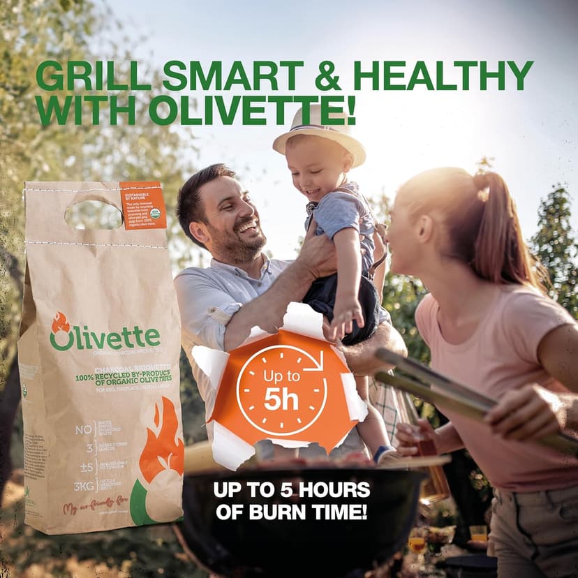 Organic Charcoal Briquettes by Olivette, Reusable Charcoal for Grilling, USDA Certified, Recycled Olive Tree Byproduct, Ready to Light BBQ Charcoal, 6.6 lb. Bag Equal to 20 lb. of a Regular Charcoal