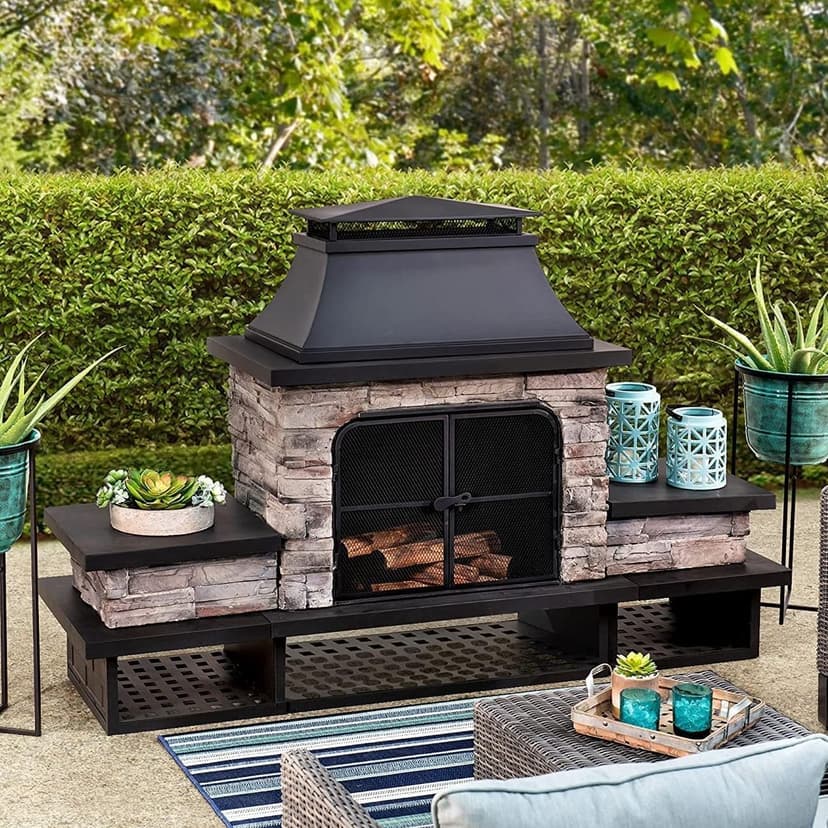 Sunjoy Outdoor Fireplace, Patio Wood Burning Fireplace with Steel Chimney, Mesh Spark Screen Doors, Fire Poker, and Removable Grate, Black