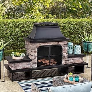 Sunjoy Outdoor Fireplace, Patio Wood Burning Fireplace with Steel Chimney, Mesh Spark Screen Doors, Fire Poker, and Removable Grate, Black