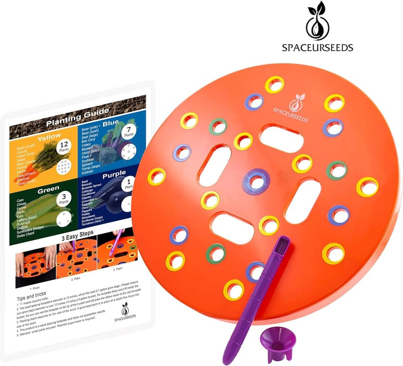 Round Seed Planting Template by Spaceurseeds – Patented Color-Coded Garden Spacing Tool Kit with Seed & Seedling Spacer, Dibber with Seed Spoon & Laminated Vegetable Growing Guide