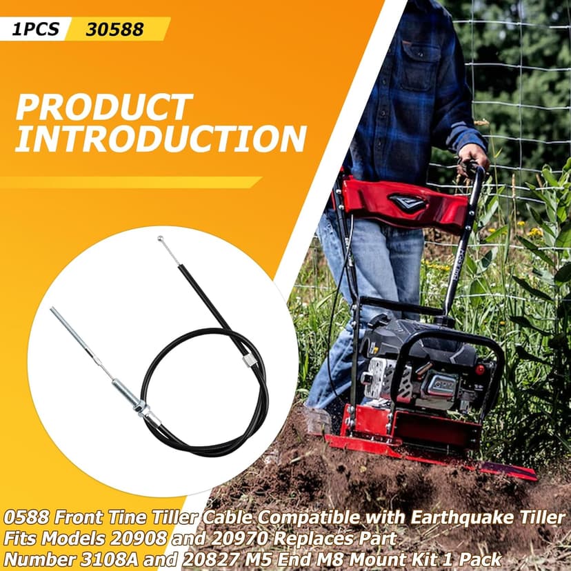 30588 Front Tine Tiller Cable Compatible with Earthquake Tiller, Fits Models 20908 and 20970, Replaces Part Number 3108A and 20827, M5 End M8 Mount Kit, 1 Pack