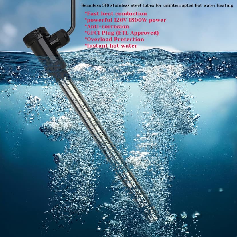 1800W Immersion Water Heater Portable Electric Hot Tub & Pool Fully Submersible Water Heater with Thermostat, GFCI Leakage Protection for Bathtub, Buckets, Swimming Pool, Baptistry, Pools