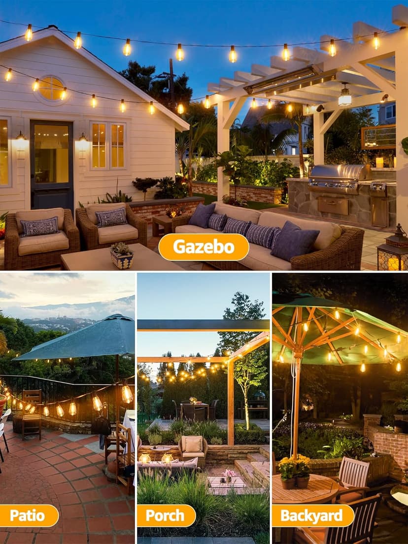 Outdoor String Lights Dimmable with Remote, 100 FT Outdoor Lights with 2 Timer and 3 Mode, Waterproof & Shatterproof Patio Lights, 2200K Energy Saving String Lights 3 Spare Bulbs for Patio Yard