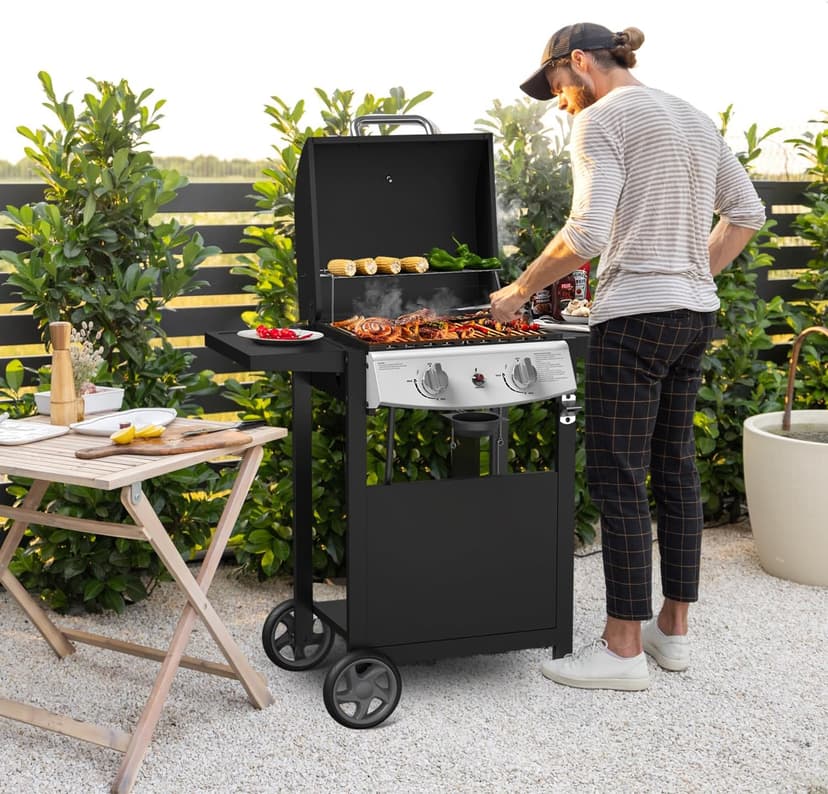 Propane Gas Grill 21000 BTU with 2-Burner,325 sq.in. Outdoor BBQ Grill for Barbecue Cooking with Top Cover Lid,Wheels,Side Storage Shelves,Barbeque Stove for Patio Garden Camping,Black