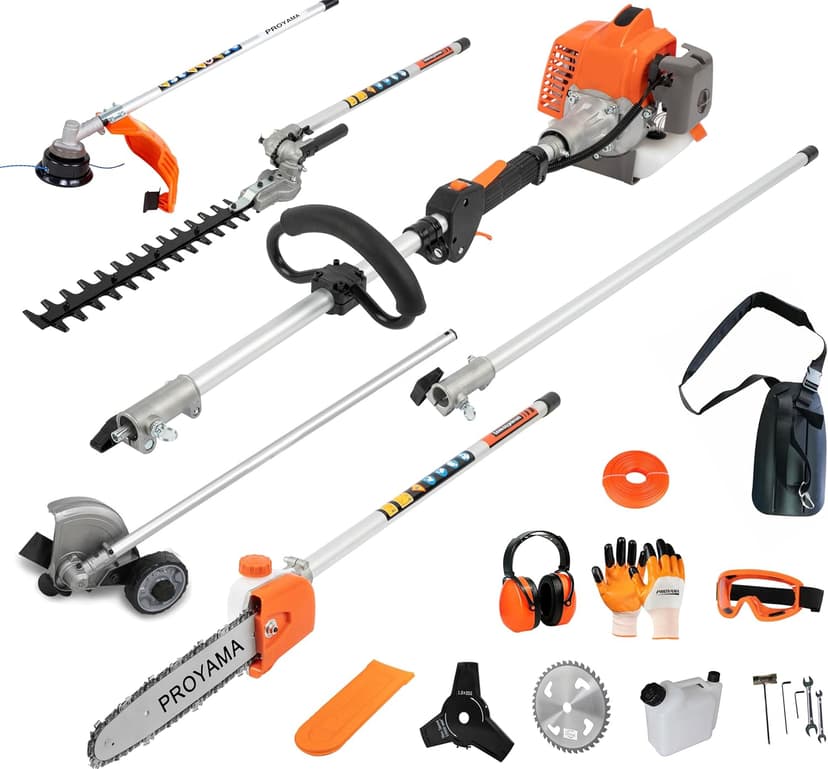 PROYAMA 26cc 6 in 1 Multi Functional Trimming Tools, Gas Hedge Trimmer, Weed Eater, String Trimmer, Brush Cutter, Edger, Pole Saw Chainsaw Pruner with Extension Pole
