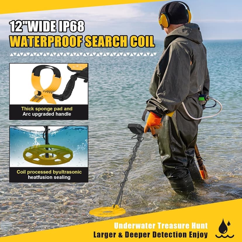 Metal Detector for Adults Waterproof-Professional Higher Accuracy Gold Detector with LCD Display,5 Mode,Advanced DSP Chip 12" Coil(Yellow)