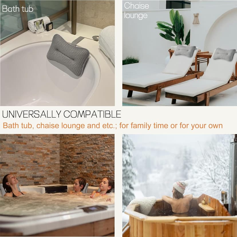 2-Pack Large Pillow for Hot Tub (Grey), Spa, and Chaise Lounge - Universal Headrest & Neck Support Cushion, Adjustable Height with Long Strap, Easy Drying with Hook (2-Pack)