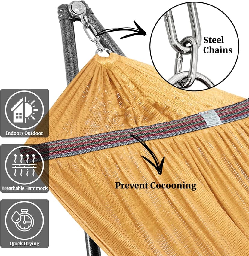 Tranquillo Double Hammock with Stand Included for 2 Persons/Foldable Hammock Stand 600 lbs Capacity Portable Case - Inhouse, Outdoor, Camping, Yellow