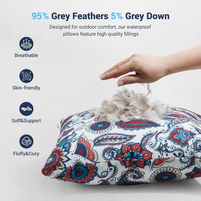 Waterproof Outdoor Pillows, Feather and Down Filled Outdoor Throw Pillows Water-Resistant Decorative Premium Lumbar Pillow Pack of 2