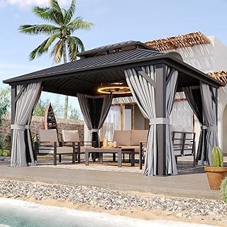 Aoxun Hardtop Gazebo 10x12, Aluminum Frame Canopy with Double Galvanized Steel Roof, Outdoor Gazebo with Breathable Netting and Privacy Curtain for Backyard