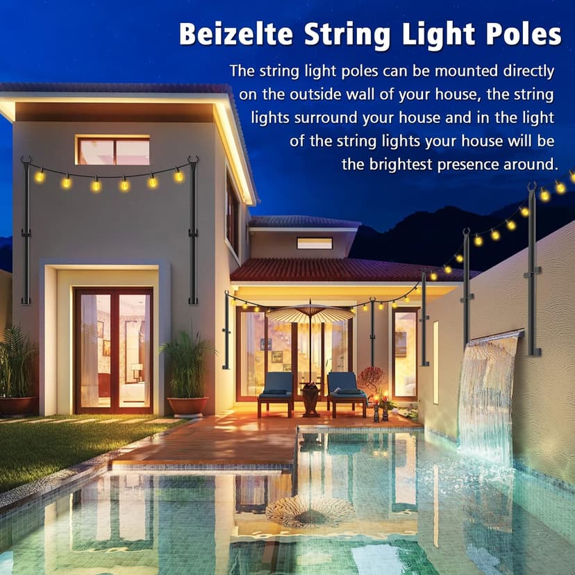 2 Pack 5 Ft Hangingfor String Light Poles with Fixing Clips and Suspended Base,Freestanding Outdoor Light Poles for Deck Bistro