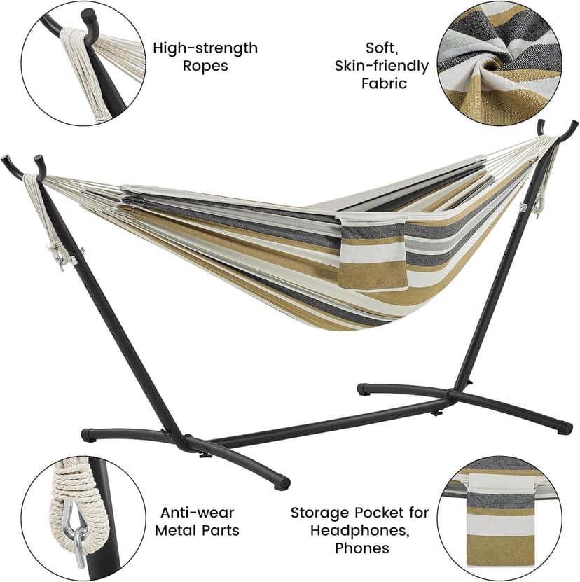 Yaheetech Double Hammock w/Stand, 2-People Hammock & Stand Set w/Storage Bag & Carrying Bag, Outdoor/Indoor Heavy-Duty Portable Hammock, 450LB Capacity - Desert Stripe