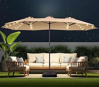 Double Sided Patio Umbrellas - 15ft Solar Lights LED Lighted Outdoor Extra Large Market Table Umbrella with Base Included, Oversized Umbrella for Deck, Pool, Backyard (Beige)