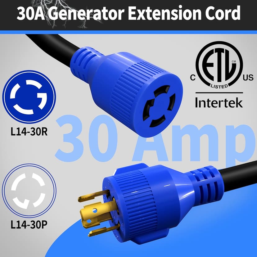 4 Prong 30 Amp 10 Foot Generator Extension Cord, NEMA L14-30P/L14-30R, 125/250V Up to 7500W 10 Gauge SJTW Generator Cord, ETL Listed