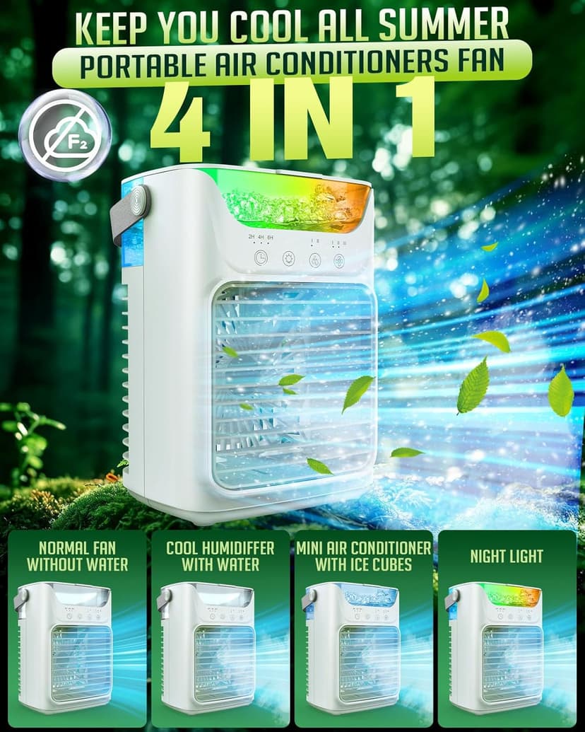 Portable Air Conditioners, 3 Wind Speeds & 7 LED Lights Evaporative Personal Air Cooler, 4 in 1 Portable AC with 650 mL Large Water Tank, Mini Air Conditioner for Bedroom/Car/Home/Camping/Room