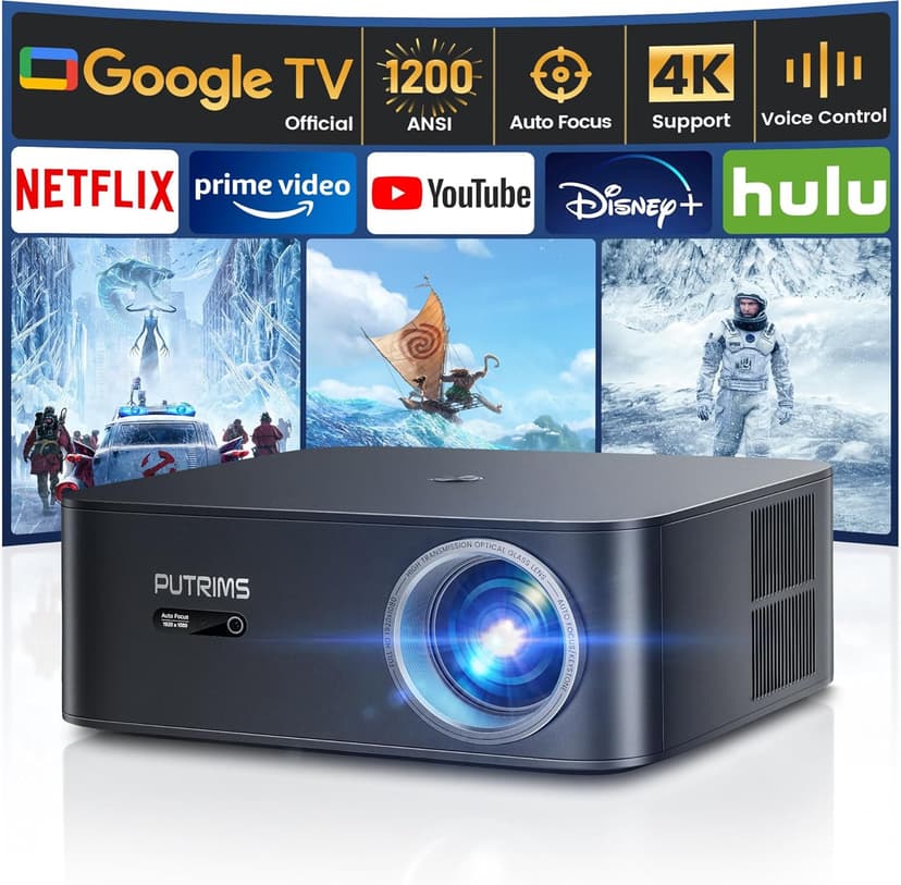 [1200 ANSI/Google TV/Voice Control]Smart Projector with WiFi 6 and Bluetooth, Netflix-Licensed 4K Support, Outdoor Movie Proyector, 1080P Home Ceiling Auto Focus Projector, PUTRIMS K12 Gray