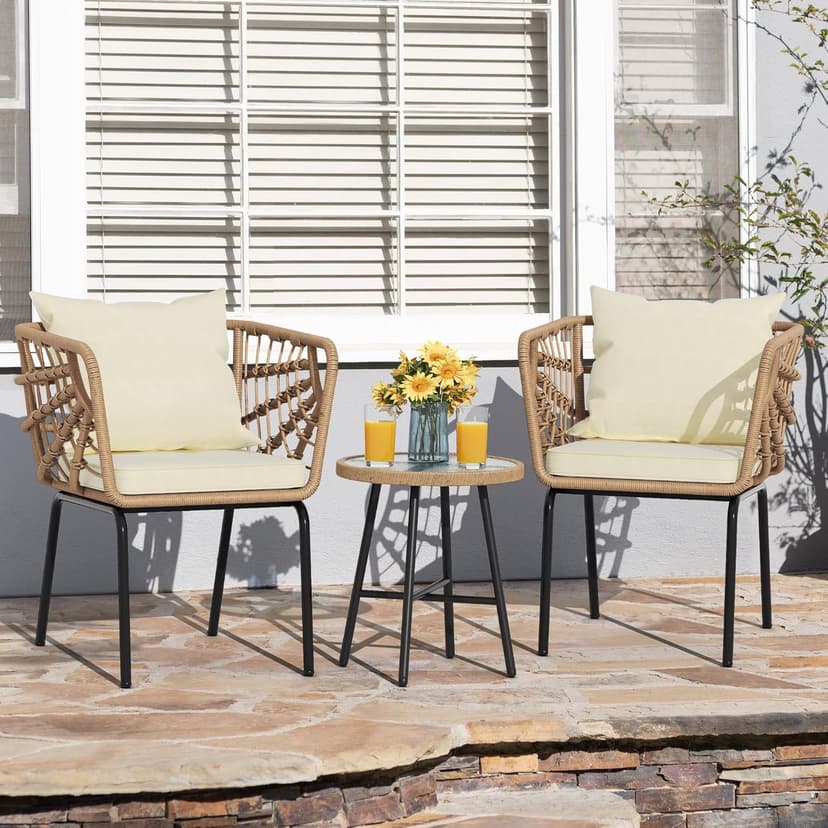 YITAHOME Wicker 3-Piece Outdoor Bistro Set, All-Weather Patio Conversation Set for Balcony, Backyard, Pool, Porch, Deck, Outdoor Sectional Furniture Set with Table & Cushions - Beige
