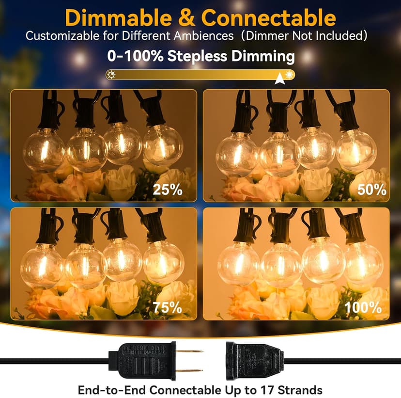 100ft Outdoor String Lights Waterproof/Connectable/Dimmable with 52 LED Shatterproof Bulbs,2-Pack 50ft UL Listed Globe G40 String Lights Outside Lighting for Patio Backyard Cafe Party Wedding Garden