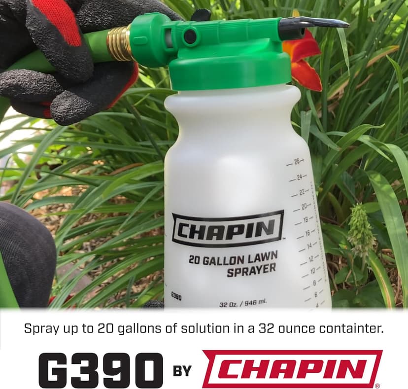 Chapin G390 Hose End Sprayer For Water Soluble Materials, 20 Gallon, 32 Ounce Tank, Finger Control and Backflow Prevention, For Spraying Lawns, Weeds, Insects, Fertilizers, Translucent White