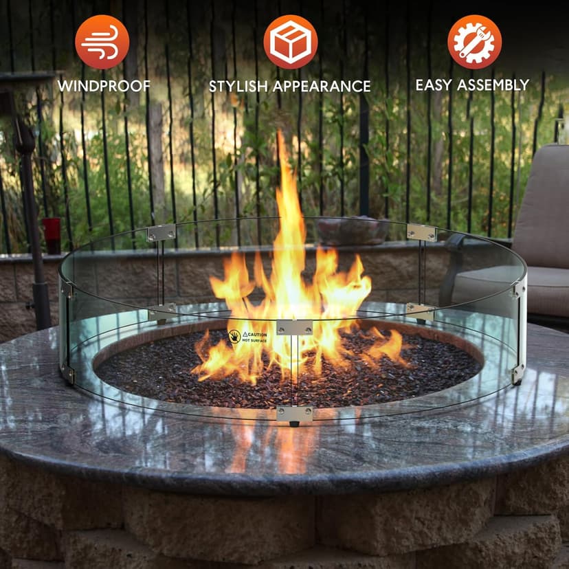 Skyflame Fire Pit Glass Wind Guard Round, 33 x 7 inches Tempered Glass Flame Shield, Fits 31” Round Fire Pit Burner Pans, Fire-Resistant Windscreen Set