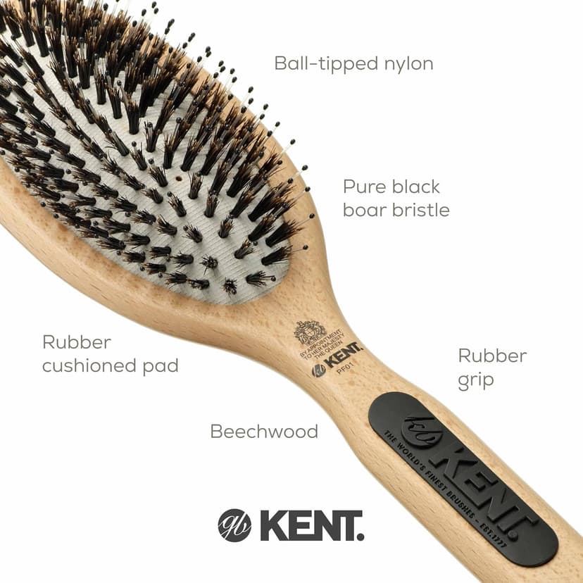KENT PF01 Large Cushion Detangler Brush, Boar Bristle and Non-Scratch Nylon Mix Hairbrush for Straightening Smoothing. Oval Wood Paddle Detangling Hair Brush for Medium to Long Hair, Made in England