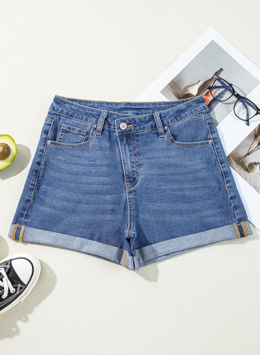 Sidefeel Women's Jean Shorts High Waisted Stretchy Casual Rolled Hem Zimbaplatinum Denim Shorts