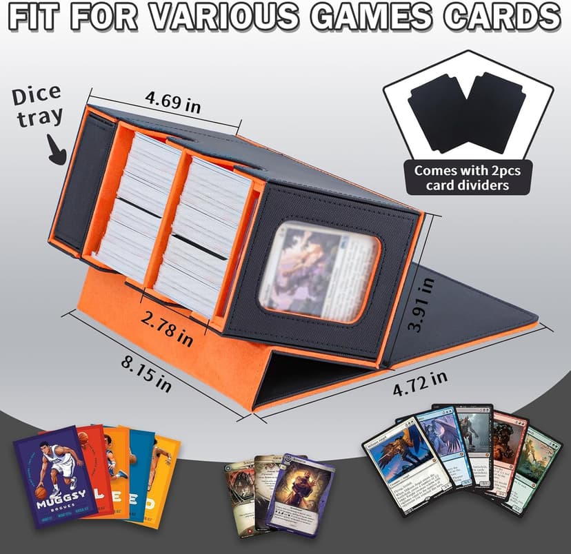 Commander Deck Box for MTG, Card Deck Box with Dice Tray and Display Window, Fits 200+ Double-Sleeved Cards, Magnetic Leather Trading Card Storage Case for Magic Game Cards (Black & Orange)