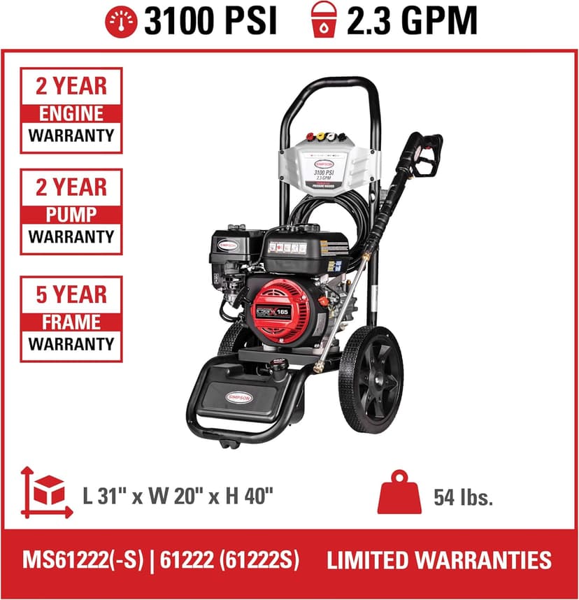 SIMPSON Cleaning MS61222-S MegaShot 3100 PSI Gas Pressure Washer, 2.3 GPM, CRX165 Engine, Includes Spray Gun, Extension Wand, On-Board Soap Tank, 4 QC Nozzles, 25-ft. Hyflex Hose, 49-State