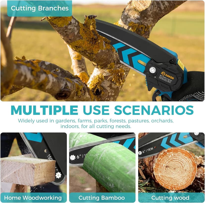 Saker Mini Chainsaw,6 Inch Portable Electric Chainsaw Cordless, Small Handheld Chain saw for Tree Branches,Courtyard, Household and Garden,By 2PCS 20V 1500mAh Batteries,Extra 3 PCS Chain