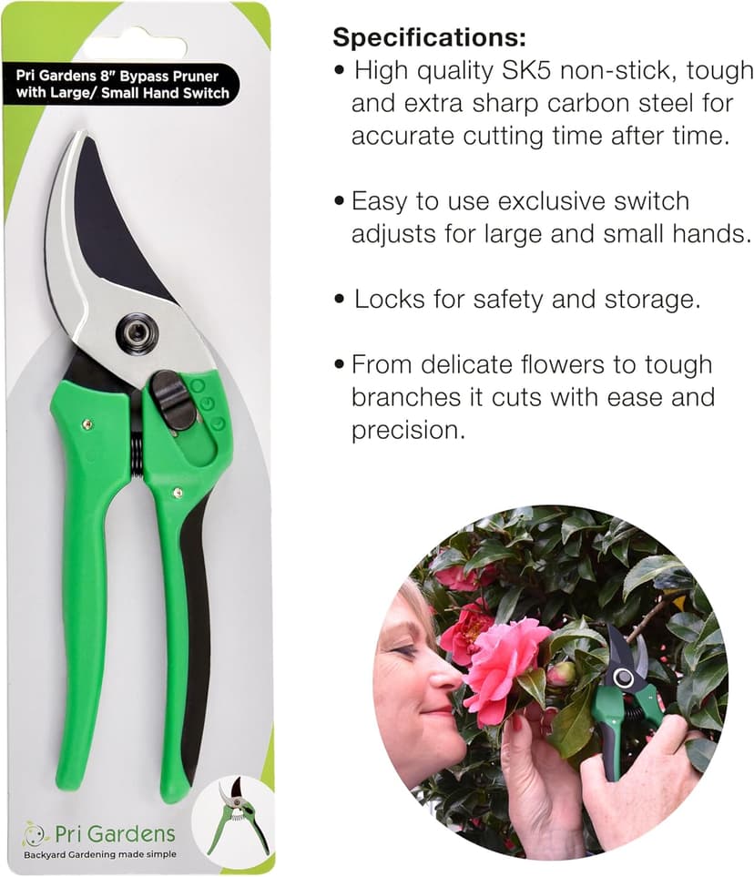 8 Inch Garden Pruner with a SK5 Carbon Steel, Non-stick, Rust Resistant Blade. Adjustable for Small and Large Hands