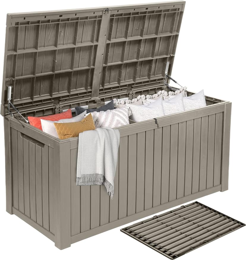 DWVO 180 Gallon Extra-Large Patio Deck Box, Waterproof Resin Outdoor Storage Box with Removable Divider for Patio, Garden, Pool, Furniture and Tools, Light Brown