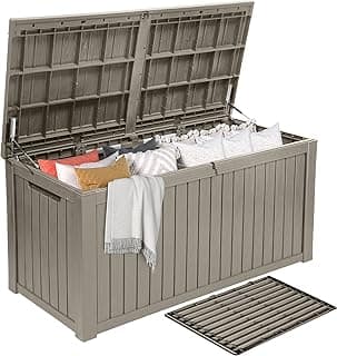 DWVO 180 Gallon Extra-Large Patio Deck Box, Waterproof Resin Outdoor Storage Box with Removable Divider for Patio, Garden, Pool, Furniture and Tools, Light Brown