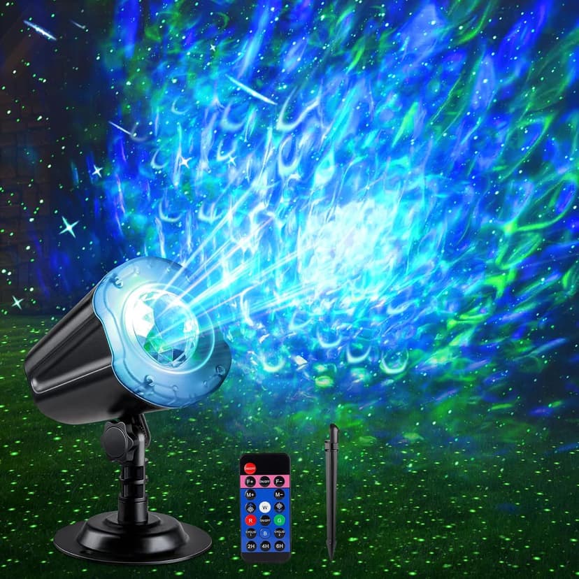 Laser Wave Projector Outdoor, Starry Sky & RGBW Ocean Wave Light Show with Remote Control, Waterproof IP65, Holiday Decor for Halloween, Christmas, Party, Garden, Yard