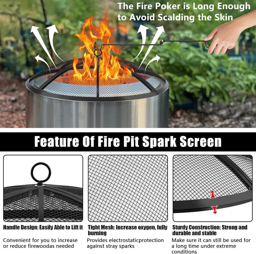 Fire Pit Spark Screen, Fire Pit Screen 22 Inch Round with Handle & Poker, Collapsible Heavy Duty Mesh Fire Pit Cover Fire Pit Lid for Outdoor/Patio/Backyard/RV Camping/Beach