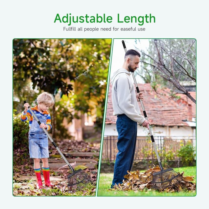 Rake for Leaves Heavy Duty 72 Inch Long Expandable Leaf Rake, 18 Inch Wide Garden Rake with 25 Reinforced Tines and Stainless Steel Handle for Lawn, Yard, Leaf Cleanup