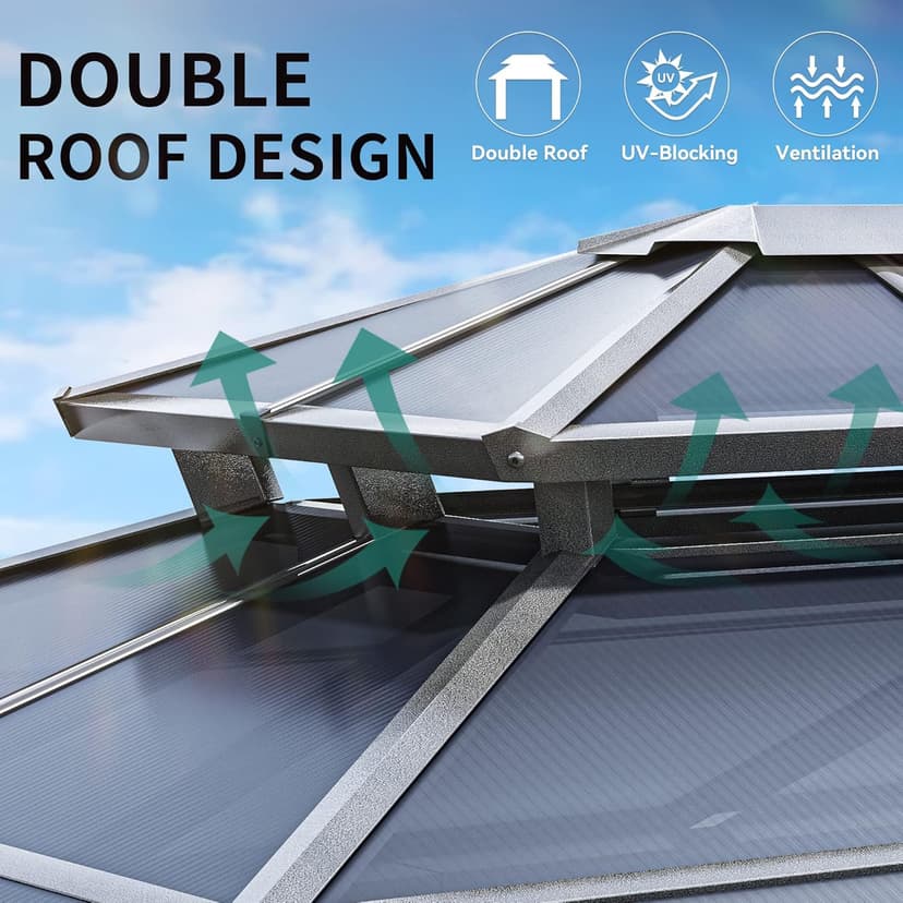 YITAHOME 12x16FT Gazebo Polycarbonate Top Double Roof Canopy Outdoor with Netting and Shaded Curtains, Aluminum Frame Hardtop Garden Tent for Patio, Backyard, Deck and Lawns, Grey