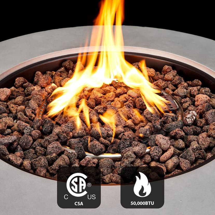 Outdoor Propane Fire Pit Table - 31.5 Inch Concrete Round Fire Table Bowl 50,000 BTU Gas FirePit Burner with Steel Lid, Lava Rocks, Rain Cover for Outside Patio, Backyard, Party