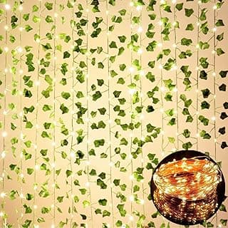 12 Pack Fake Vines for Room Decor with 100 LED String Light Artificial Ivy Garland Hanging Plants Faux Greenery Leaves Bedroom Aesthetic Decor for Home Garden Wall Wedding