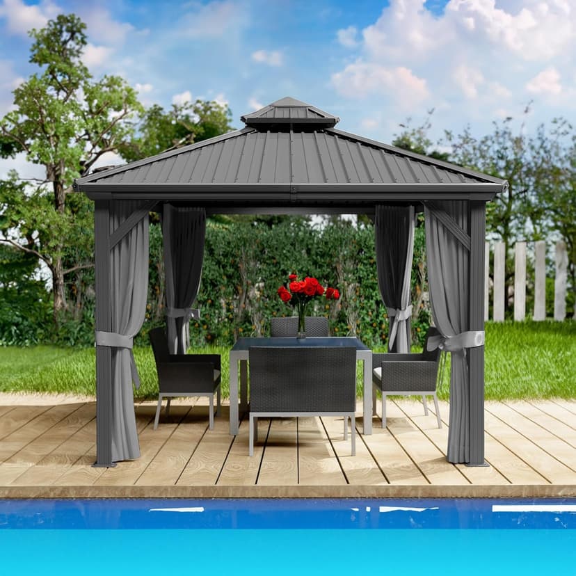 Kozyard Caesar 10'x10' Hardtop Gazebo - Permanent Metal Pavilion with Netting and Shaded Curtains for Patio, Backyard, and Deck - Galvanized Steel Outdoor Aluminum Canopy, Double Roof Gazebo (Grey)