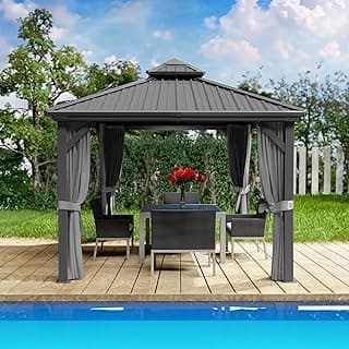 Kozyard Caesar 10'x10' Hardtop Gazebo - Permanent Metal Pavilion with Netting and Shaded Curtains for Patio, Backyard, and Deck - Galvanized Steel Outdoor Aluminum Canopy, Double Roof Gazebo (Grey)