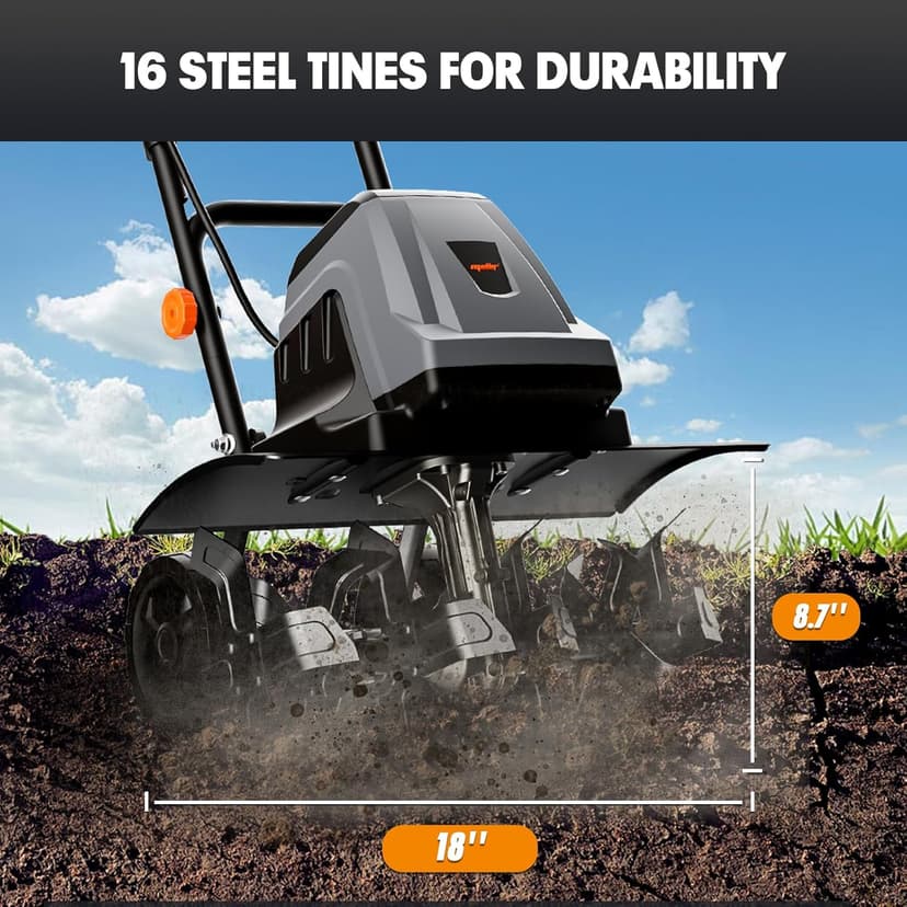 18 Inch 15 Amp Electric Tiller Cultivator, 24 Steel Tines for Gardening, Corded & High Power Garden Roto Tiller, 8.7'' Tilling Depth, 4-Adjustable Wheels, Foldable Handle, for Lawn Yard, Gray
