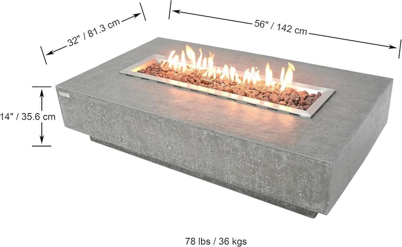 AMS Fireplace | Elementi | Large Rectangular Propane Fire Pit Table for Outside Patio | Canvas Cover, Lava Rocks, and Gas Key Valve Included | Fuel: Liquid Propane, Hampton - Light Grey
